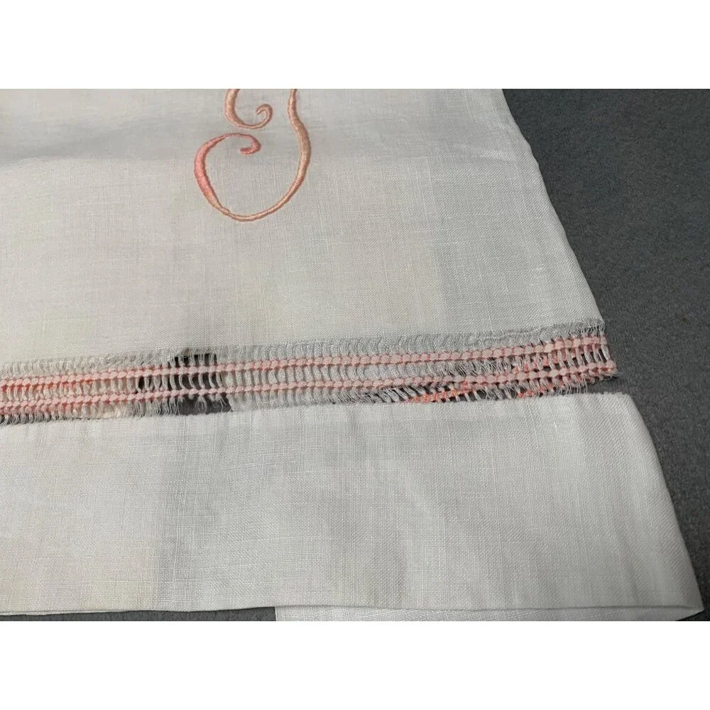 Vintage White Linen Hand Towel with Pink Embroidered Initial Monogram